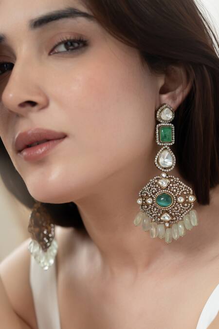 Do Taara_Green Crystals, Diamonds, Stones Victorian Polki Embellished Earrings _at_Aza_Fashions