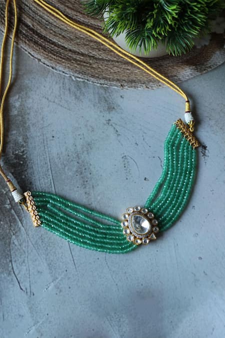 Shop Do Taara Green Polki Embellished Layered Pendant Choker at Aza Fashions Shop_Do Taara_Green Polki Embellished Layered Pendant Choker _at_Aza_Fashions