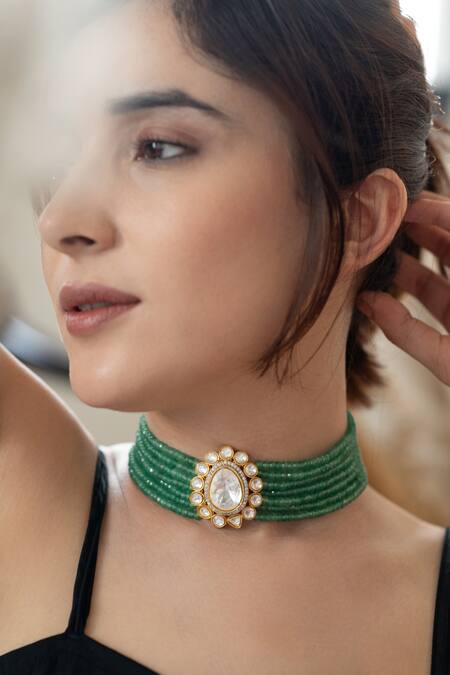 Do Taara Green Polki Embellished Layered Pendant Choker Online at Aza Fashions Do Taara_Green Polki Embellished Layered Pendant Choker _Online_at_Aza_Fashions