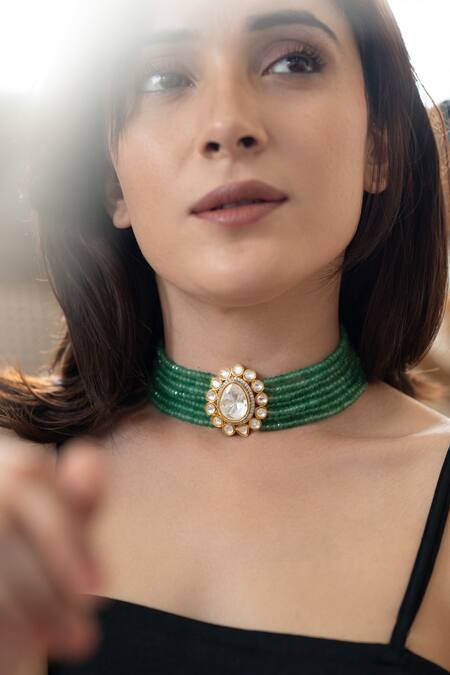 Buy Do Taara Green Polki Embellished Layered Pendant Choker Online at Aza Fashions Buy_Do Taara_Green Polki Embellished Layered Pendant Choker _Online_at_Aza_Fashions