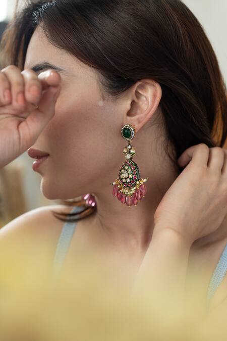Do Taara_Multi Color Stones, Crystals, Diamonds Victorian Polki Studded Earrings _Online_at_Aza_Fashions