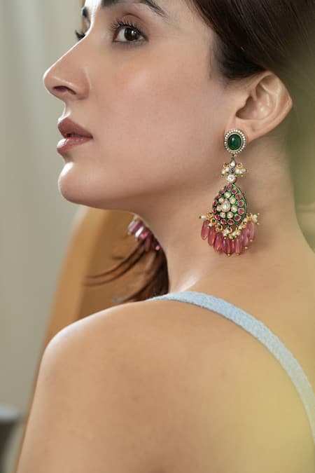Buy_Do Taara_Multi Color Stones, Crystals, Diamonds Victorian Polki Studded Earrings _Online_at_Aza_Fashions