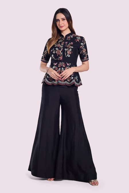 Onaya Silk Floral Embroidered Peplum Kurta With Flared Pant 