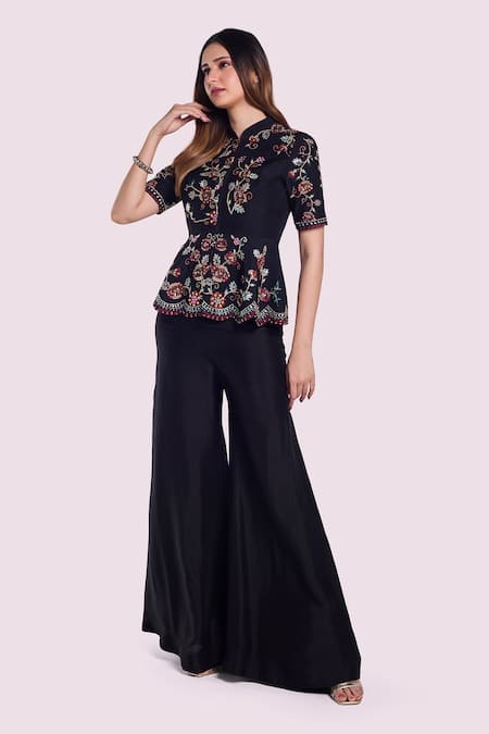 Onaya_Black Silk Embroidery Mandarin Collar Floral Peplum Kurta With Flared Pant _Online_at_Aza_Fashions