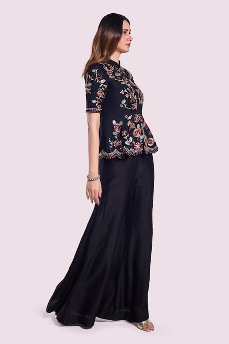 Buy_Onaya_Black Silk Embroidery Mandarin Collar Floral Peplum Kurta With Flared Pant _Online_at_Aza_Fashions