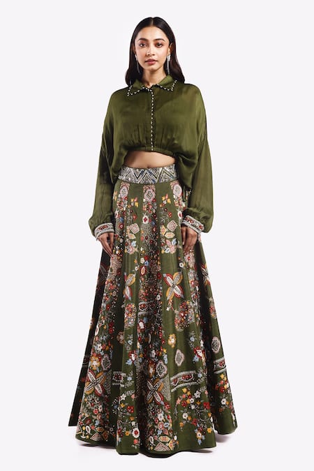 Onaya Green Satin Embroidered Cheed Shirt Collar Floral Lehenga Crop Top Set 