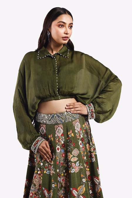 Onaya Green Satin Cut Work, Sequins Shawl Neck Floral Embroidered Lehenga Crop Top Set Online at Aza Fashions Onaya_Green Satin Cut Work, Sequins Shawl Neck Floral Embroidered Lehenga Crop Top Set _Online_at_Aza_Fashions