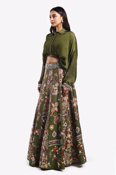 Buy Onaya Green Satin Cut Work, Sequins Shawl Neck Floral Embroidered Lehenga Crop Top Set Online at Aza Fashions Buy_Onaya_Green Satin Cut Work, Sequins Shawl Neck Floral Embroidered Lehenga Crop Top Set _Online_at_Aza_Fashions