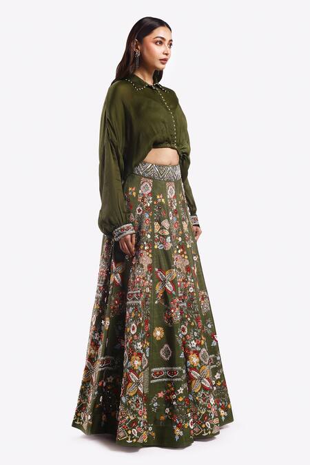 Shop Onaya Green Satin Cut Work, Sequins Shawl Neck Floral Embroidered Lehenga Crop Top Set Online at Aza Fashions Shop_Onaya_Green Satin Cut Work, Sequins Shawl Neck Floral Embroidered Lehenga Crop Top Set _Online_at_Aza_Fashions