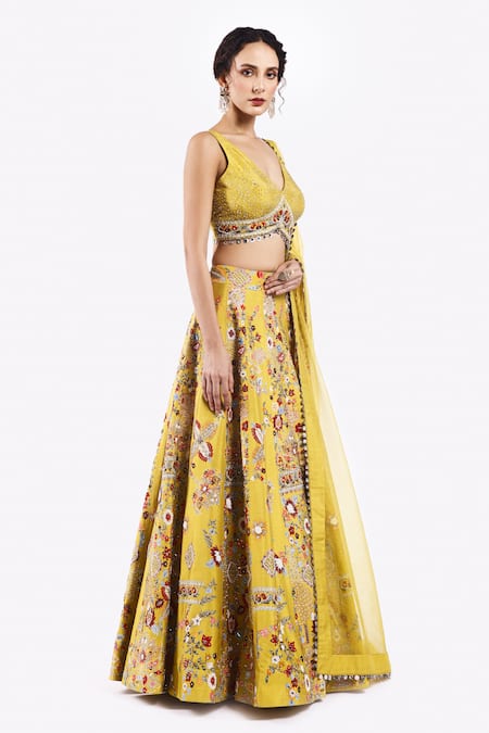 Onaya_Yellow Organza Cut Work, Sequins, Tassels Floral Cutdana Embellished Lehenga Set _Online_at_Aza_Fashions
