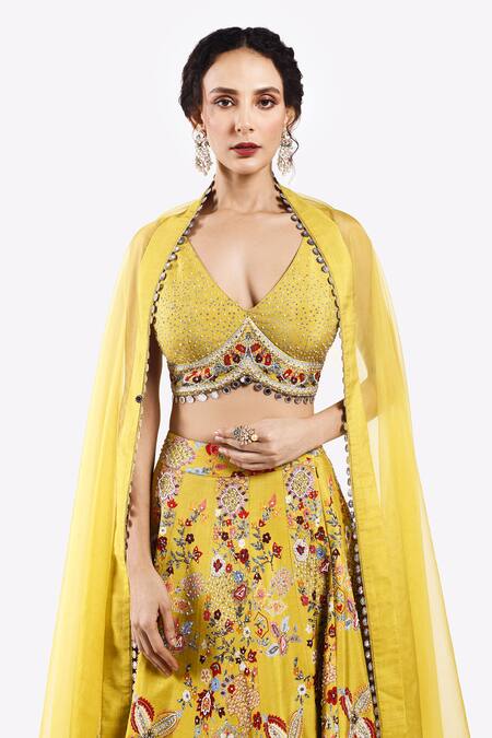 Buy_Onaya_Yellow Organza Cut Work, Sequins, Tassels Floral Cutdana Embellished Lehenga Set _Online_at_Aza_Fashions