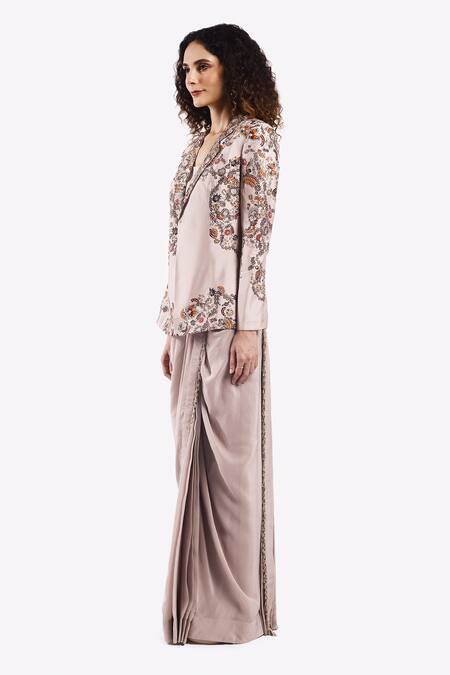 Buy Onaya Grey Crepe Beads, Sequins Round Tasselled Border Saree Set With Floral Blazer Online at Aza Fashions Buy_Onaya_Grey Crepe Beads, Sequins Round Tasselled Border Saree Set With Floral Blazer _Online_at_Aza_Fashions