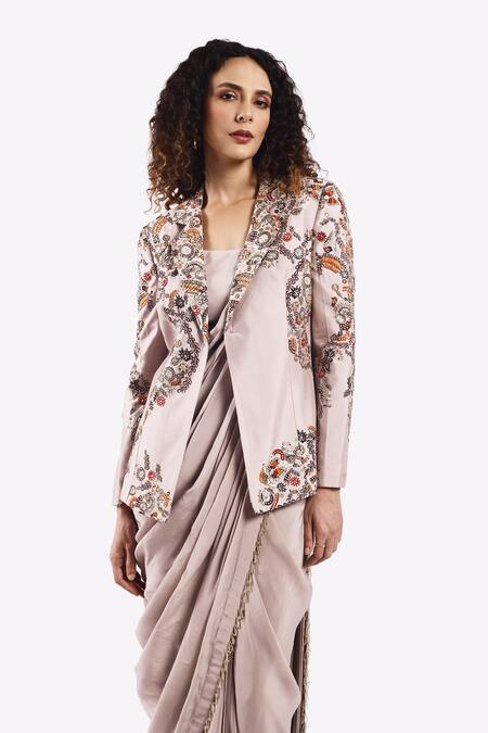 Shop Onaya Grey Crepe Beads, Sequins Round Tasselled Border Saree Set With Floral Blazer Online at Aza Fashions Shop_Onaya_Grey Crepe Beads, Sequins Round Tasselled Border Saree Set With Floral Blazer _Online_at_Aza_Fashions