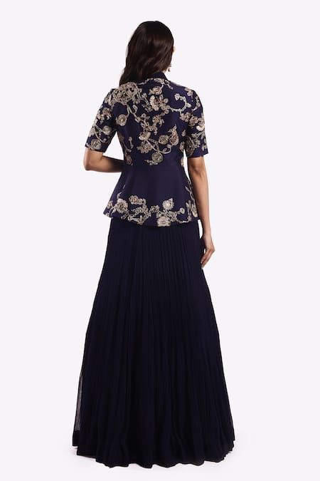 Onaya Metallic Zari Embroidered Peplum Top With Pleated Lehenga 