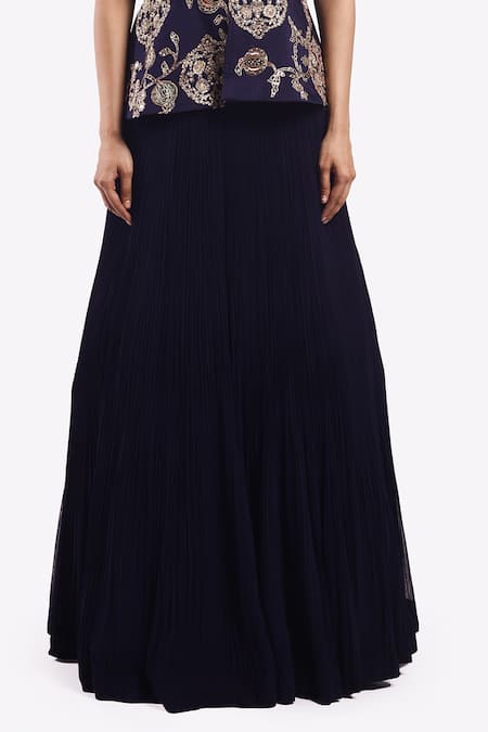 Onaya Blue Georgette Sequins, Metallic Embroidered Peplum Top With Pleated Lehenga Online at Aza Fashions Onaya_Blue Georgette Sequins, Metallic Embroidered Peplum Top With Pleated Lehenga _Online_at_Aza_Fashions