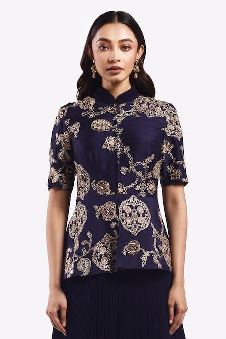 Buy Onaya Blue Georgette Sequins, Metallic Embroidered Peplum Top With Pleated Lehenga Online at Aza Fashions Buy_Onaya_Blue Georgette Sequins, Metallic Embroidered Peplum Top With Pleated Lehenga _Online_at_Aza_Fashions