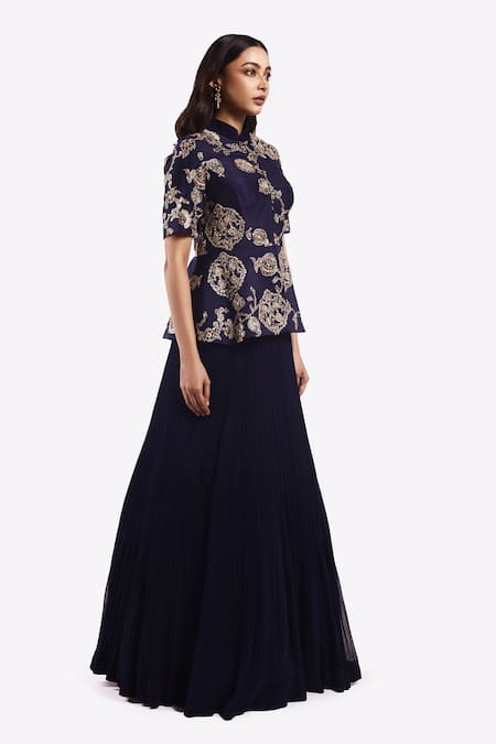 Shop Onaya Blue Georgette Sequins, Metallic Embroidered Peplum Top With Pleated Lehenga Online at Aza Fashions Shop_Onaya_Blue Georgette Sequins, Metallic Embroidered Peplum Top With Pleated Lehenga _Online_at_Aza_Fashions