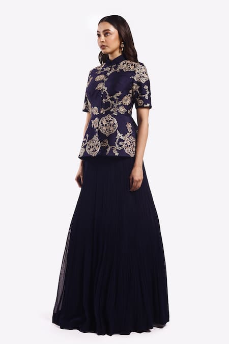 Onaya Blue Georgette Sequins, Metallic Embroidered Peplum Top With Pleated Lehenga at Aza Fashions Onaya_Blue Georgette Sequins, Metallic Embroidered Peplum Top With Pleated Lehenga _at_Aza_Fashions