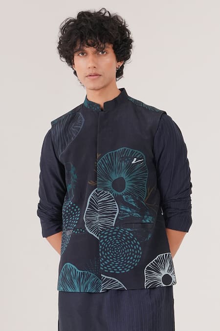 Buy_Label Shristi Chetani_Blue Silk, Crepe, Cotton Embroidery Floral Print Bundi Kurta Set_Online_at_Aza_Fashions