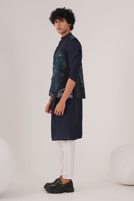 Shop_Label Shristi Chetani_Blue Silk, Crepe, Cotton Embroidery Floral Print Bundi Kurta Set_Online_at_Aza_Fashions