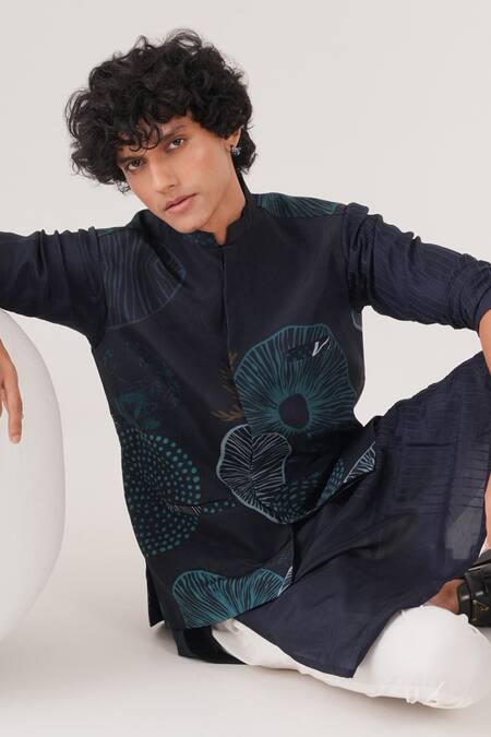 Label Shristi Chetani_Blue Silk Embroidery Thread Kurta And Pant Set _at_Aza_Fashions