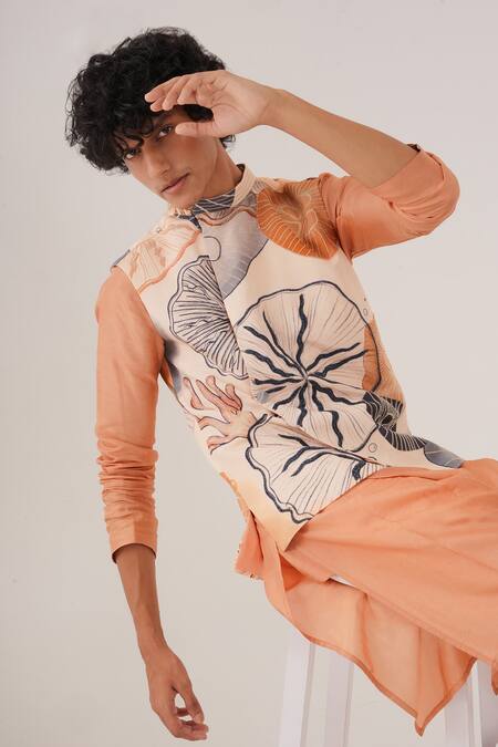 Label Shristi Chetani Peach Silk, Crepe, Cotton Embroidery, Beads Floral Bundi And Kurta Set Online at Aza Fashions Label Shristi Chetani_Peach Silk, Crepe, Cotton Embroidery, Beads Floral Bundi And Kurta Set_Online_at_Aza_Fashions