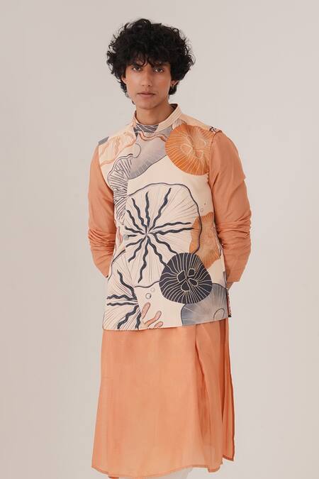 Shop Label Shristi Chetani Peach Silk, Crepe, Cotton Embroidery, Beads Floral Bundi And Kurta Set Online at Aza Fashions Shop_Label Shristi Chetani_Peach Silk, Crepe, Cotton Embroidery, Beads Floral Bundi And Kurta Set_Online_at_Aza_Fashions