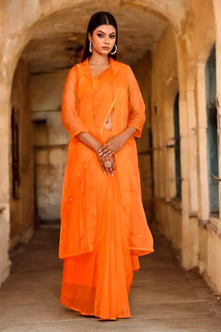 Bannhi By Priyanka Rathore Orange Organza Gota Patti, Embroidery Open Neck, Round Butti Jacket Saree Set Online at Aza Fashions Bannhi By Priyanka Rathore_Orange Organza Gota Patti, Embroidery Open Neck, Round Butti Jacket Saree Set _Online_at_Aza_Fashions