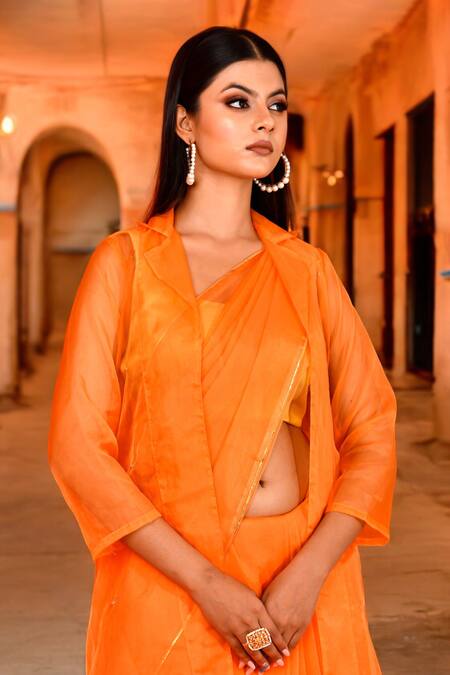 Buy Bannhi By Priyanka Rathore Orange Organza Gota Patti, Embroidery Open Neck, Round Butti Jacket Saree Set Online at Aza Fashions Buy_Bannhi By Priyanka Rathore_Orange Organza Gota Patti, Embroidery Open Neck, Round Butti Jacket Saree Set _Online_at_Aza_Fashions