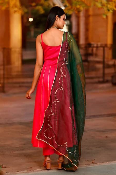 Shop Bannhi By Priyanka Rathore Magenta Organza, Cotton, Silk Gota Patti, Applique Scoop Lace Anarkali Pant Set at Aza Fashions Shop_Bannhi By Priyanka Rathore_Magenta Organza, Cotton, Silk Gota Patti, Applique Scoop Lace Anarkali Pant Set _at_Aza_Fashions