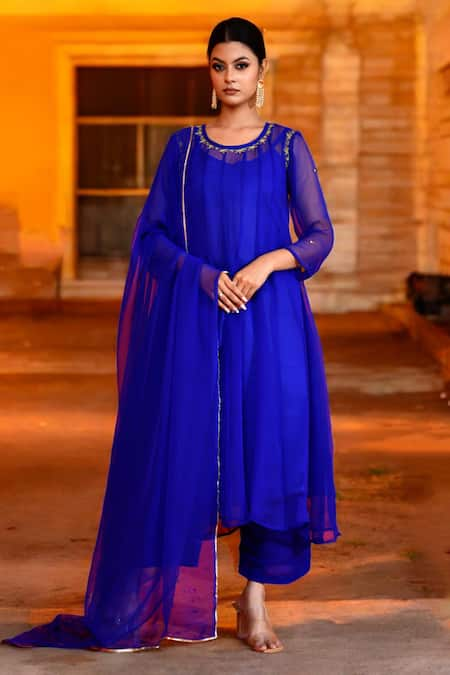 Bannhi Blue Georgette Embroidered Aari Anarkali And Inner Round Bodice Pant Set 