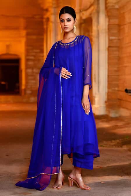 Bannhi By Priyanka Rathore Blue Georgette Embroidery Round Neck Bodice Anarkali Pant Set Online at Aza Fashions Bannhi By Priyanka Rathore_Blue Georgette Embroidery Round Neck Bodice Anarkali Pant Set _Online_at_Aza_Fashions