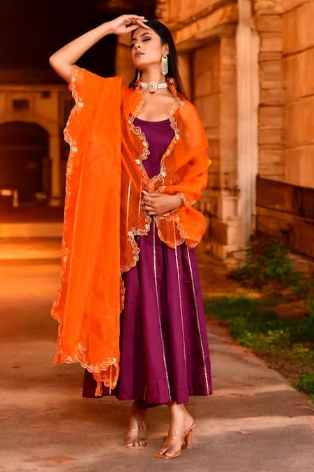 Bannhi By Priyanka Rathore_Purple Organza, Cotton, Silk Gota Patti, Lace Anarkali Set With Contrast Dupatta _Online_at_Aza_Fashions