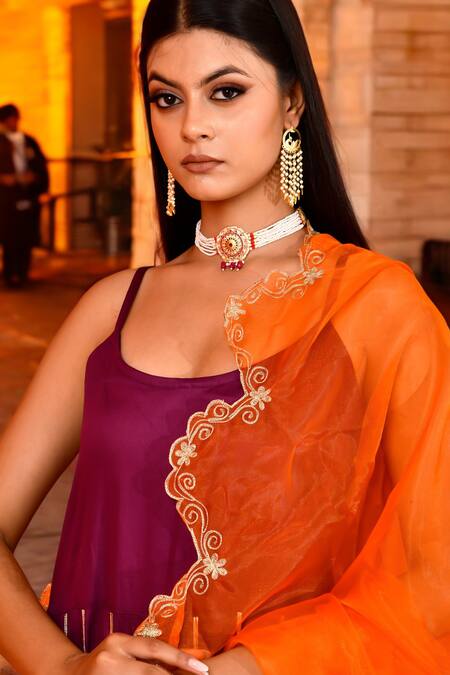 Buy_Bannhi By Priyanka Rathore_Purple Organza, Cotton, Silk Gota Patti, Lace Anarkali Set With Contrast Dupatta _Online_at_Aza_Fashions