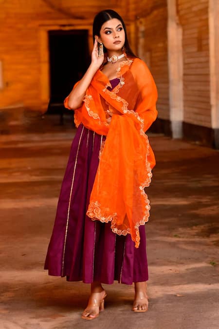 Shop_Bannhi By Priyanka Rathore_Purple Organza, Cotton, Silk Gota Patti, Lace Anarkali Set With Contrast Dupatta _Online_at_Aza_Fashions