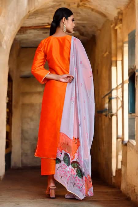 Shop Bannhi By Priyanka Rathore Orange Silk, Chiffon Gota Patti Lace Border Kurta Set With Pichwai Print Dupatta at Aza Fashions Shop_Bannhi By Priyanka Rathore_Orange Silk, Chiffon Gota Patti Lace Border Kurta Set With Pichwai Print Dupatta _at_Aza_Fashions