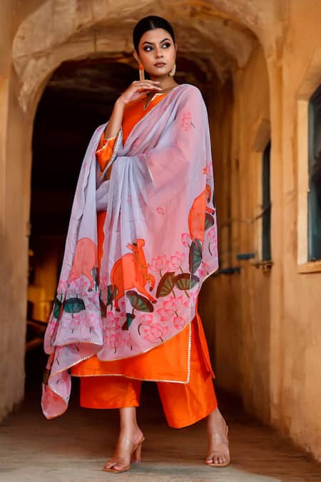 Bannhi By Priyanka Rathore Orange Silk, Chiffon Gota Patti Lace Border Kurta Set With Pichwai Print Dupatta Online at Aza Fashions Bannhi By Priyanka Rathore_Orange Silk, Chiffon Gota Patti Lace Border Kurta Set With Pichwai Print Dupatta _Online_at_Aza_Fashions
