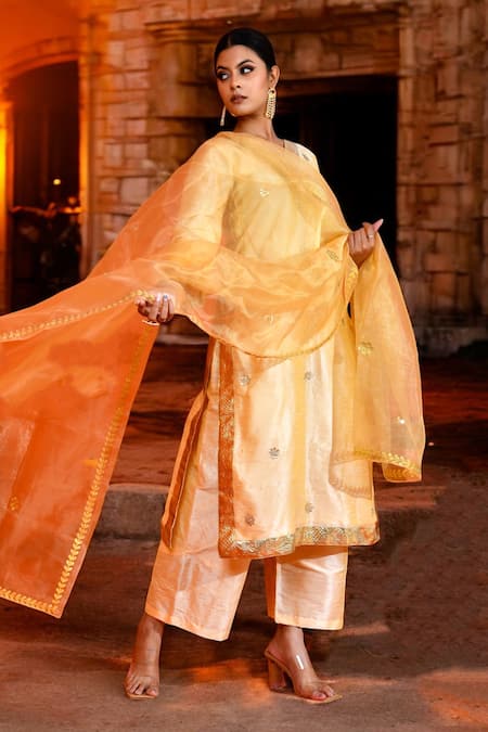 Buy Bannhi By Priyanka Rathore Yellow Denim, Silk Gota Patti V-neck Flower Kurta Pant Set Online at Aza Fashions Buy_Bannhi By Priyanka Rathore_Yellow Denim, Silk Gota Patti V-neck Flower Kurta Pant Set _Online_at_Aza_Fashions