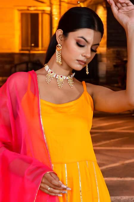 Buy_Bannhi By Priyanka Rathore_Yellow Organza, Cotton Satin, Cotton, Silk Gota Patti Lace Anarkali Pant Set _Online_at_Aza_Fashions