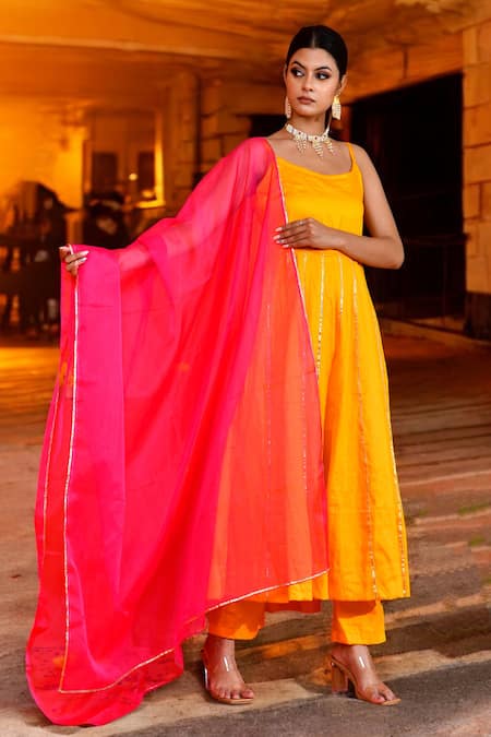 Shop_Bannhi By Priyanka Rathore_Yellow Organza, Cotton Satin, Cotton, Silk Gota Patti Lace Anarkali Pant Set _Online_at_Aza_Fashions