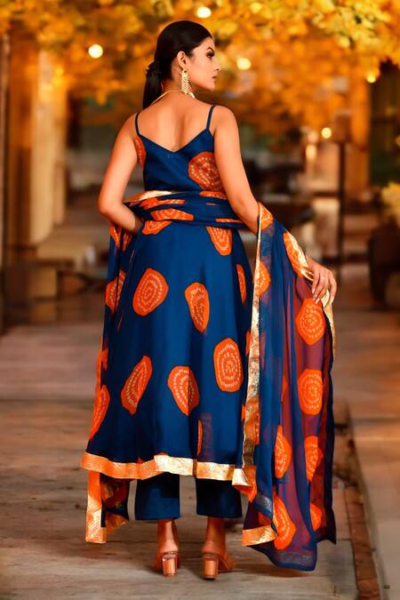 Shop Bannhi By Priyanka Rathore Blue Chiffon Gota Patti Sweetheart Neck Bandhani Print Anarkali Pant Set at Aza Fashions Shop_Bannhi By Priyanka Rathore_Blue Chiffon Gota Patti Sweetheart Neck Bandhani Print Anarkali Pant Set_at_Aza_Fashions