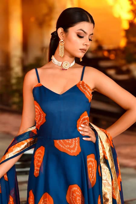 Buy Bannhi By Priyanka Rathore Blue Chiffon Gota Patti Sweetheart Neck Bandhani Print Anarkali Pant Set Online at Aza Fashions Buy_Bannhi By Priyanka Rathore_Blue Chiffon Gota Patti Sweetheart Neck Bandhani Print Anarkali Pant Set_Online_at_Aza_Fashions