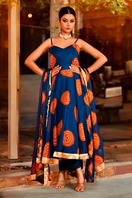 Shop Bannhi By Priyanka Rathore Blue Chiffon Gota Patti Sweetheart Neck Bandhani Print Anarkali Pant Set Online at Aza Fashions Shop_Bannhi By Priyanka Rathore_Blue Chiffon Gota Patti Sweetheart Neck Bandhani Print Anarkali Pant Set_Online_at_Aza_Fashions