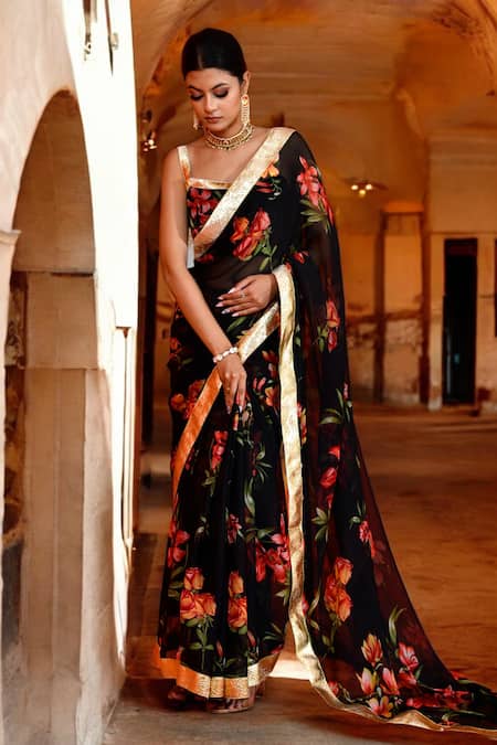 Shop_Bannhi By Priyanka Rathore_Black Chiffon Gota Patti, Embroidery Sweetheart Floral Print Saree With Blouse _Online_at_Aza_Fashions
