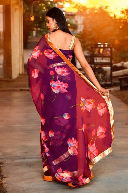 Shop_Bannhi By Priyanka Rathore_Purple Chiffon Gota Patti Sweetheart Neck Lotus Print Saree With Blouse _at_Aza_Fashions