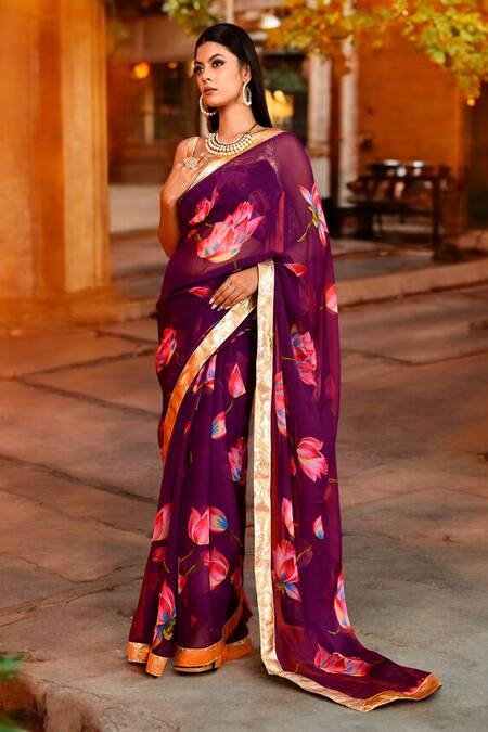Shop_Bannhi By Priyanka Rathore_Purple Chiffon Gota Patti Sweetheart Neck Lotus Print Saree With Blouse _Online_at_Aza_Fashions