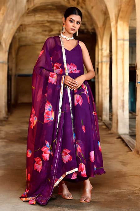 Shop_Bannhi By Priyanka Rathore_Purple Chiffon Gota Patti Sweetheart Neck Lotus Print Anarkali Pant Set _Online_at_Aza_Fashions