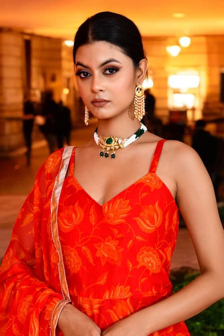 Shop_Bannhi By Priyanka Rathore_Red Chiffon Gota Patti, Embroidery Floral Vine Print Anarkali Pant Set _Online_at_Aza_Fashions