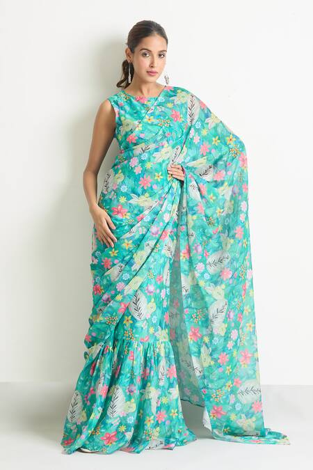 Shop_Naintara Bajaj_Blue Georgette Floral Print Saree Gown 