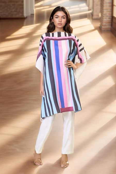 Samyukta Singhania Multi Color Chelsea Georgette Print Stripe Boat Neck Asymmetric Short Kaftan 